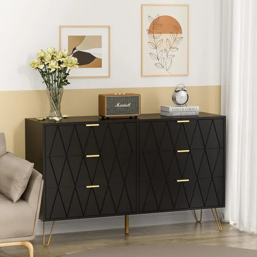 Vista 4 de UEV Cómoda grande negra de 6 cajones, cómoda moderna con cajones anchos y asas de metal, cómoda de almacenamiento de madera para dormitorio, Negro