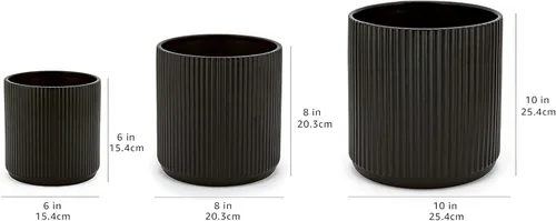 Vista 6 de Amazon Basics Macetas redondas de cerámica acanalada de varios tamaños, juego de 3, 6 pulgadas, 8 pulgadas, 10 pulgadas, color negro