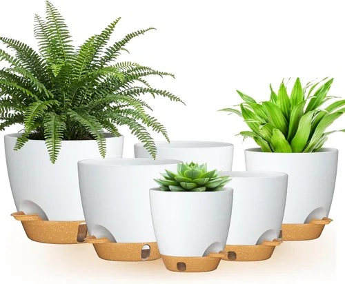 Vista 7 de Plant Pots 5/5.5/6/6.5/7/8 Inch Self Watering Pots, Set of 6 Plastic Planters with Drainage Holes,Plant Pot for Indoor Outdoor Plants(Black)