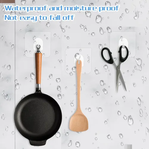 Vista 3 de Tyqour 20 ganchos de pared adhesivos resistentes, transparentes, autoadhesivos, extraíbles, sin daños para colgar en ventanas, cocina, gabinetes