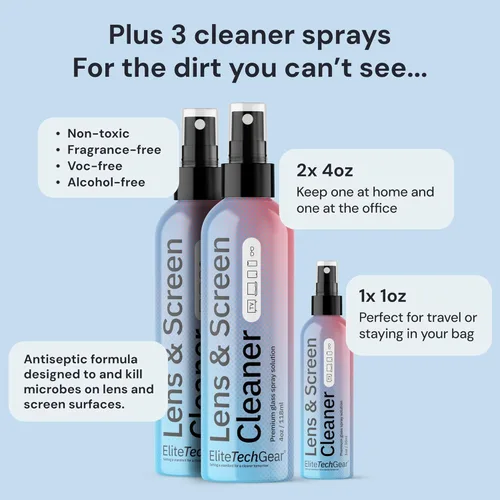 Vista 8 de Elite Tech Gear Kit de Cuidado Óptico, de Pantalla y Lentes - Aerosol de 3 Piezas (2x4oz+1oz) con 2 Paños de Microfibra - Solución para Anteojos Sin