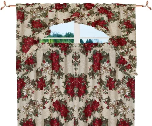 Vista 11 de Violet Linen Juego de cortinas de cocina de 3 piezas con estampado botánico botánico de Navidad