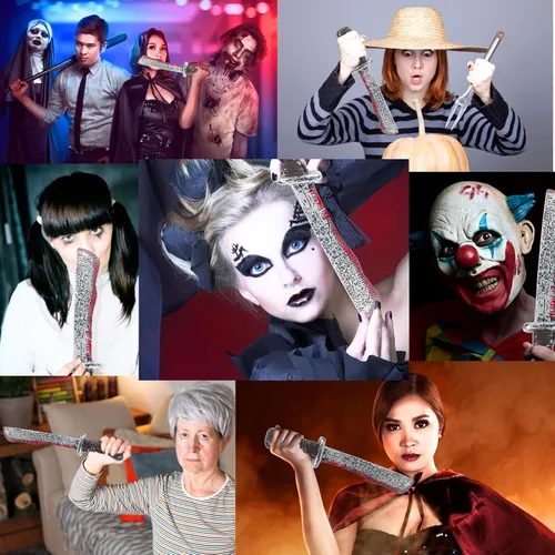 Vista 3 de 17 pulgadas, accesorio para disfraz de machete sangriento, cuchillo grande de plástico falso con sangre falsa para disfraz de Halloween, accesorios