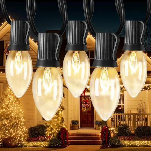 Vista 11 de Luces de Navidad C9 para exteriores, multicolor, 50 pies, estilo vintage, C9, tira de luces de Navidad para Navidad, vacaciones, interiores