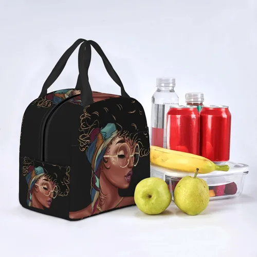 Vista 5 de Fiokroo Bolsa de almuerzo aislada afroamericana para mujer negra, reutilizable, impermeable, bolsa de almuerzo para escuela, trabajo, universidad