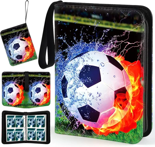 Carpeta de tarjetas de fútbol con mangas, 400 bolsillos para tarjetas de intercambio, 4 bolsillos con 50 fundas extraíbles con cremallera, carpeta