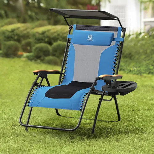 Vista 2 de Zero Gravity - Silla reclinable plegable para exteriores, patio, césped, silla de descanso ajustable con toldo y reposacabezas, bandeja lateral