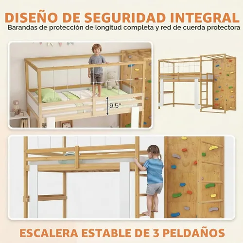Vista 6 de KOMFOTT Twin Bunk Bed with Jungle Gym, Kids Loft Bed with Rock Wall,Natural