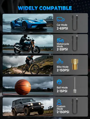 Vista 6 de Inflador de neumáticos, compresor de aire portátil, bomba de neumáticos inalámbrica de 150 PSI, apagado automático y 3 luces LED, bomba de aire