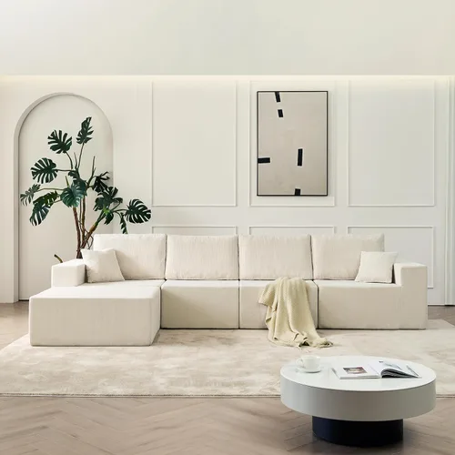 Vista 6 de 139.3 Inch Modular Sectional Sofa, Boneless Cloud Couch with Ottoman & Pillows, No Assembly L Shape Sleeper Sofa for Living Room, Bedroom, Beige - 4