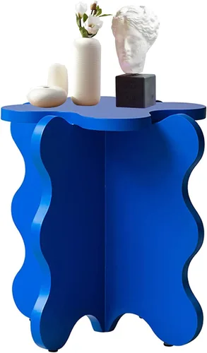 Vista 7 de HM&DX Mini mesa de centro de pétalos, mesa auxiliar de madera maciza con ondas de dibujos animados con patas en forma de X, mesa auxiliar