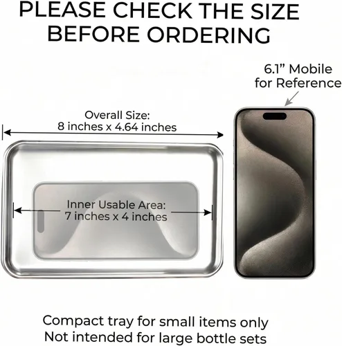 Vista 2 de IMEEA Pequeña bandeja de tocador rectangular de acero inoxidable, pequeña bandeja para joyas, bandeja de baño, organizador de almacenamiento
