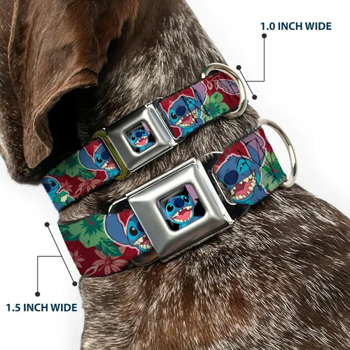 Vista 2 de Collar de perro con hebilla para cinturón de seguridad, 6 expresiones, flora tropical, burdeos, rojos, verdes, 11 a 17 pulgadas, 1.0 pulgadas