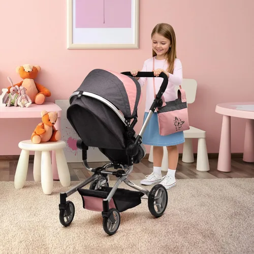 Vista 6 de Cochecito de Muñeca Bebé Convertible Cochecito Realista 2 en 1 Carriola con Bolsa Juguete Plegable Capota Cesta Mango Ajustable Ruedas Giratorias