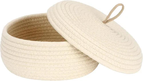 Vista 8 de Sea Team Cesta de almacenamiento redonda de cuerda de algodón con tapa, contenedor de almacenamiento tejido decorativo, cesto, maceta, caddy