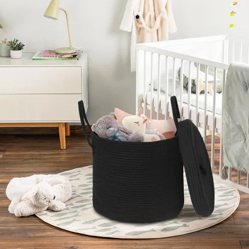 Vista 3 de Cesta grande de 15 x 13 pulgadas con tapa, cesta de almacenamiento de cuerda de algodón para manta, juguete, almohada, toalla, lavandería, sala