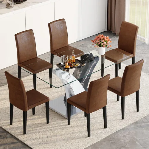 Vista 12 de AZmac Juego de mesa de comedor de cristal para 4, juego de mesa de comedor de 63 pulgadas para 4, mesa de cocina moderna y 4 sillas de comedor