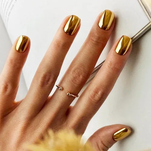 Uñas postizas cuadradas doradas a presión, pegamento para uñas postizas con espejo dorado, diseño de uñas postizas cortas para mujeres y niñas, uñas