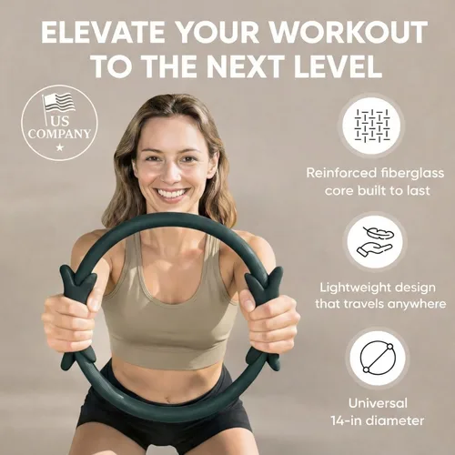 Vista 2 de Kit de entrenamiento de pilates para el hogar, 7 piezas para mujer con anillo tonificante (círculo mágico), mini pelota y bandas de resistencia.