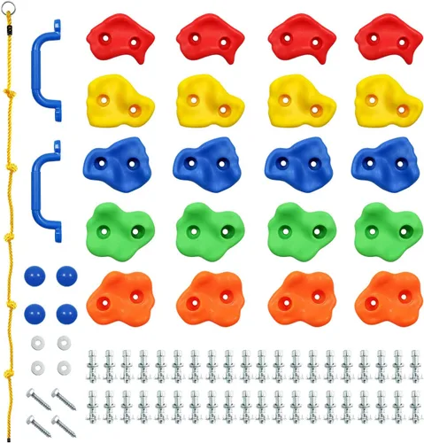 Rainbow Craft Soportes de escalada en roca de mono para niños, 20 soportes de pared de roca, 2 asas y 1 cuerda de escalada anudada de 8 pies, kit de