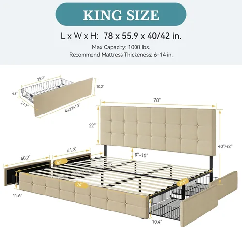 Vista 61 de HOOMIC Base de cama de almacenamiento de plataforma de tamaño matrimonial con 4 cajones y cabecera ajustable, listones de madera, no necesita