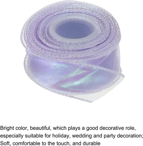 Vista 3 de MECCANIXITY Cinta de Organza Transparente con Alambre Brillante de 1 1/2" de Ancho, Cintas de Gasa Iridiscente con Brillo Pastel, 10 Yardas, Morado