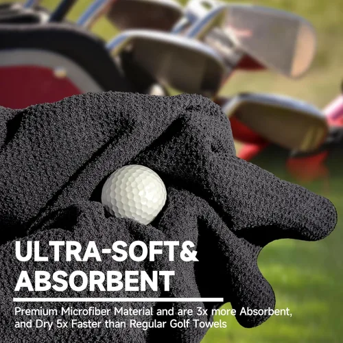 Vista 3 de Toallas de Golf Atractivas, Toallas de Microfibra con Patrón Gofre - Cepillo de Palos de Golf con Limpieza (2 Toalla Negra + Cepillo Negro)