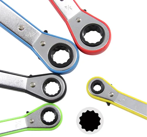 Vista 2 de MacWork Juego de llaves de trinquete de 5 piezas, cinco colores reversibles universales de doble anillo de trinquete, combinación profesional SAE