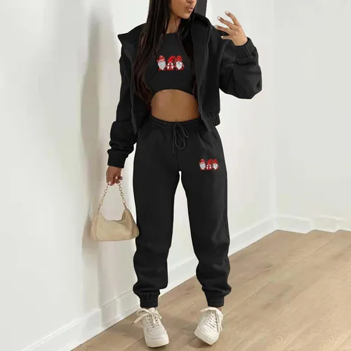 Vista 2 de 3 Piece Sweatpants And Sweatshirt Set For Women, Trendy Gnome Print Athletic Suit Tank Top Hooded Tracksuit Set