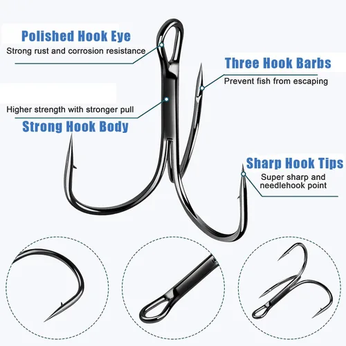 Vista 3 de Anzuelos triples de pesca de acero de alto carbono con púas afiladas redondas curvadas para cebo de señuelos duros