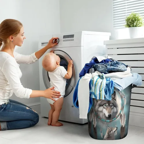 Vista 7 de Cesto de ropa sucia con atrapasueños, impermeable, plegable, organizador de juguetes para dormitorio, ropa sucia, cesta de juguetes