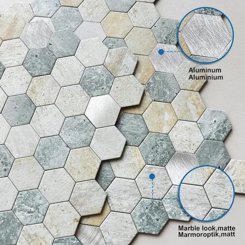 Vista 2 de MOFIT - Azulejos hexagonales para salpicaduras de cocina, autoadhesivos, de metal y mármol, diseño de panal de abejas para despegar y pegar, mosaico