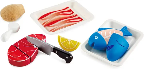 Vista 9 de Hape Tasty Proteins Set Juego de comida de madera para niños, juego básico de ingredientes y accesorios de cocina, multicolor