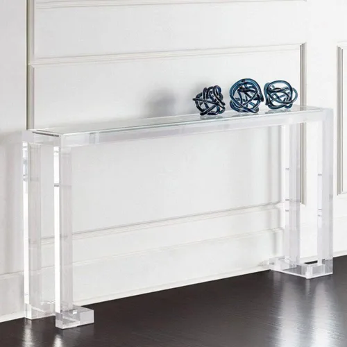 Vista 5 de Mesa decorativa rectangular de acrílico moderna con 1 estante para pasillo, entrada de acrílico moderno, sala de estar, mesa larga de entrada, mesa