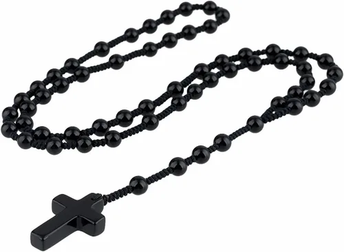 TUMBEELLUWA Collar de cuentas con colgante de cruz para hombres y mujeres, collar con rosario católico anudado a mano