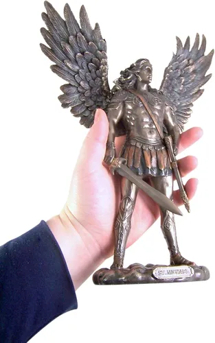 Vista 4 de Arcángel de tono bronce San Miguel con espada y estatua de vaina, 11 pulgadas