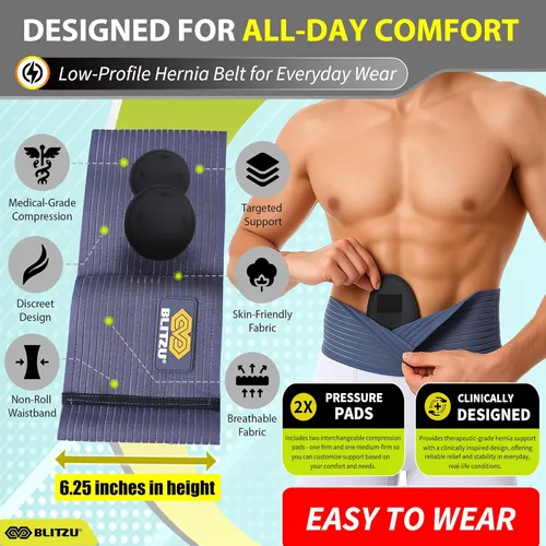 Vista 7 de BLITZU Cinturón de hernia umbilical para hombres y mujeres, faja abdominal ajustable con 2 almohadillas de compresión para hernias navales