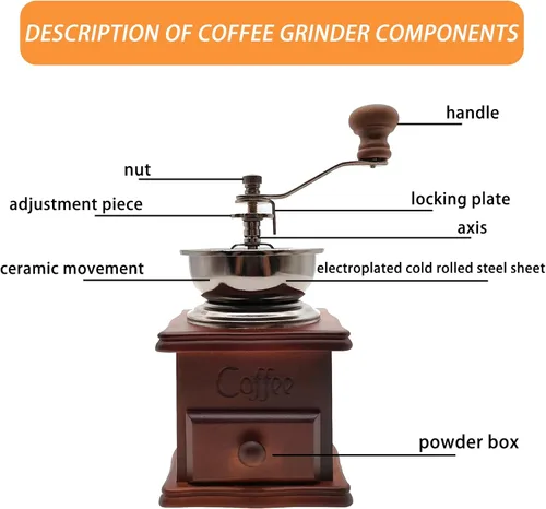 Vista 3 de Molinillo de café hecho a mano de madera de estilo retro, manivela de cerámica, cepillo de limpieza de molinillo de café hecho a mano, cuchara