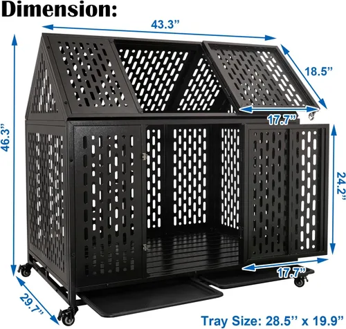 Vista 6 de Jaula indestructible para perros de 44 pulgadas, resistente y de alta ansiedad, a prueba de golpes, jaula de techo puntiaguda de metal para perros