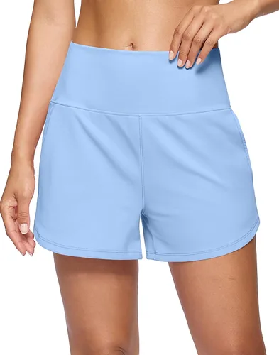 Vista 27 de Soothfeel Pantalones cortos deportivos de cintura alta para mujer, 3.5 pulgadas, control de abdomen, cómodos, para entrenamiento, gimnasio