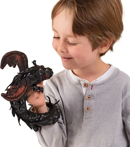 Vista 3 de Folkmanis Dragon Wristlet - Marioneta de dragón de pulsera y dedo, color negro; rojo y café, 1 pieza