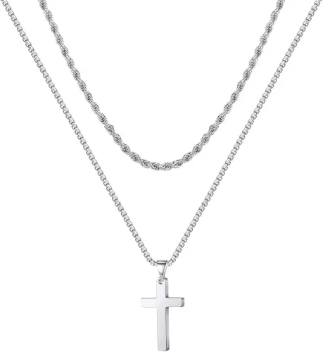Ursteel Cross Necklace for Men Stainless Steel Silver Black Gold Layered Rope Chain Cross Pendant Necklace Simple Jewelry Gifts Chain Necklace for