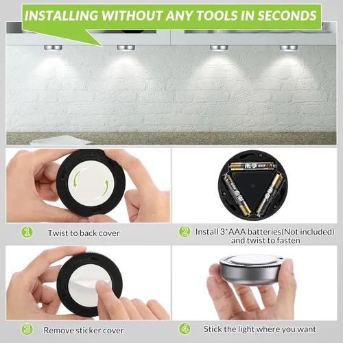 Vista 4 de Macarrie Paquete de 24 luces LED de disco de 2.68 pulgadas, mini luz nocturna táctil inalámbrica, 60 lúmenes, funciona con pilas, luces adhesivas