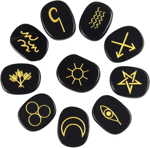 Rockcloud Cristal curativo negro obsidiana amatista gitana símbolo brujas runas piedras chakras piedra de palma equilibrio Reiki, 10 piezas