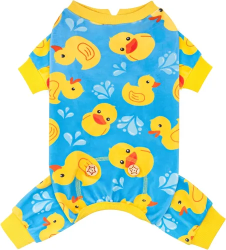 Vista 13 de KYEESE - Pijama de terciopelo para perros, con patrón de patos amarillos, ropa elástica y suave para cachorros y perros pequeños, mameluco cómodo