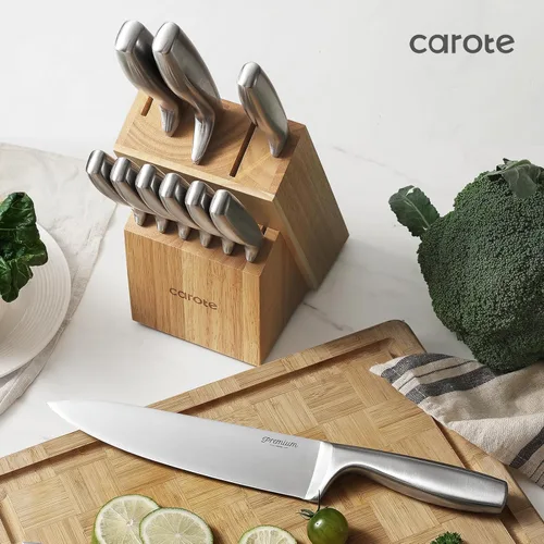 Vista 3 de CAROTE Juego de cuchillos de 12 piezas, juego de bloques de cuchillos de acero inoxidable, cuchillos de cocina con bloque de madera, afilados