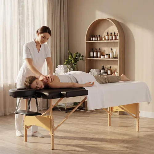 Vista 9 de Brelley Mesa de masaje portátil de madera para pestañas, 24 pulgadas de ancho, altura ajustable, mesa de spa de 2 pliegues, cama plegable