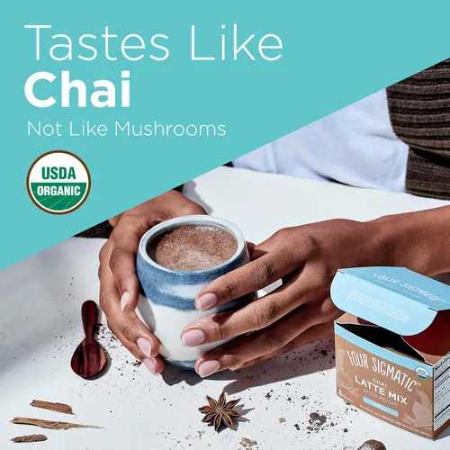 Vista 6 de Four Sigmatic - Café molido orgánico de hongos con mezcla de leche Chai (10 unidades) Café gourmet tostado oscuro, comercio justo con melena