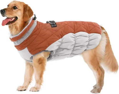 Vista 43 de Lelepet Abrigo para perro con arnés impermeable para perro, cuello alto reflectante y ajustable, chaleco de forro polar cálido para invierno, Verde