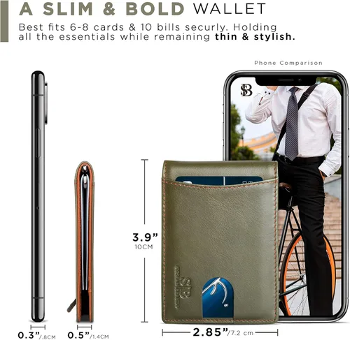 Vista 6 de SERMAN BRANDS - Billetera sencilla de cuero genuino con bloqueo RFID para hombre, billetera delgada con bolsillo frontal y clip para dinero